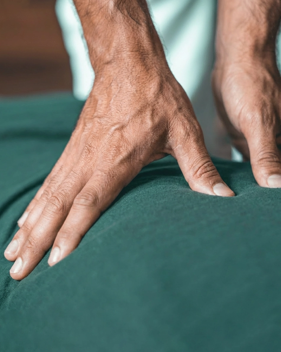 Therapist applying Bowenwork technique on a client’s back during a gentle body therapy session to relieve tension and restore balance.
